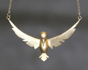 Winged Bird Necklace in Brass with Gemstones