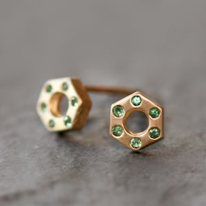 Tiny Hexagon Bolt Stud Earrings in Gold or Silver with Gemstones