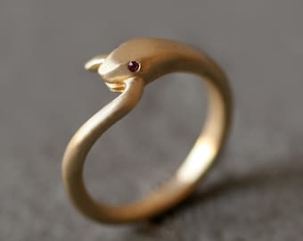 Snake Tail Ring in Brass with Gemstone Eyes, Ouroboros