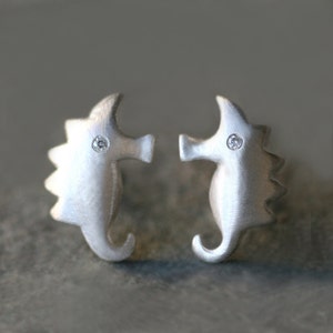 Small Seahorse Earrings in Sterling Silver with Diamond