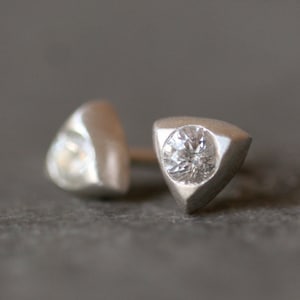 Small Triangle Solitaire Stud Earrings in Sterling Silver with White Sapphire image 1