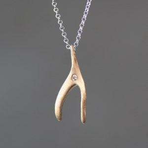 Small Wishbone Necklace 14k with Diamond and Sterling Silver Chain image 1