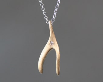 Small Wishbone Necklace 14k with Diamond and Sterling Silver Chain