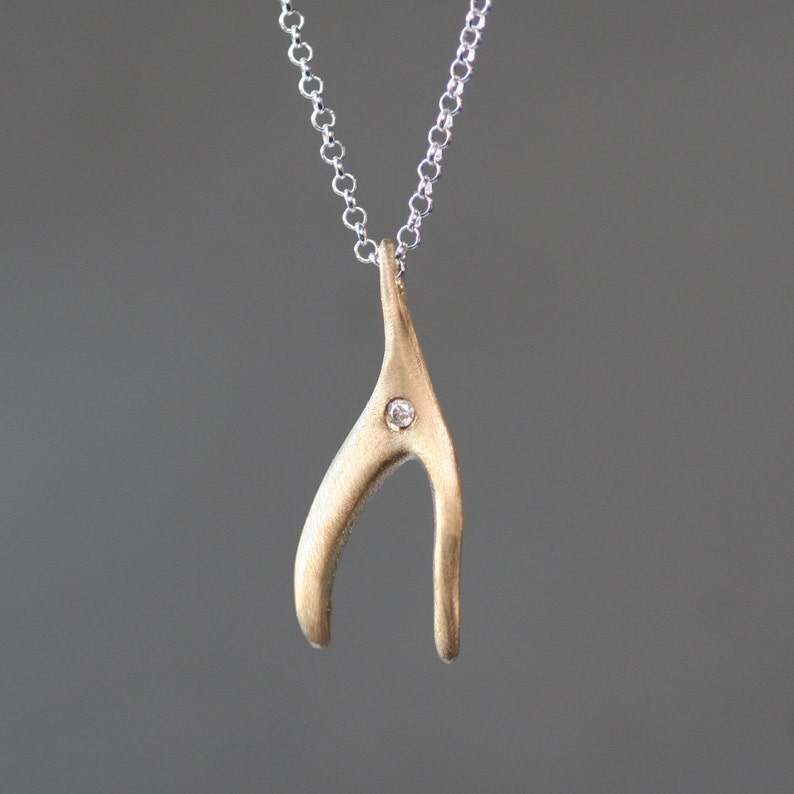 Small Wishbone Necklace 14k with Diamond and Sterling Silver Chain image 1