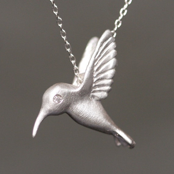 Hummingbird Pendant Necklace in Sterling Silver With Diamonds