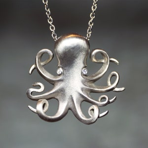 Long Baby Octopus Necklace in White Bronze with Gemstones image 1