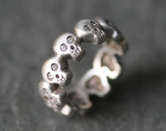 Baby Skull Eternity Band Ring in Sterling Silver with Diamonds UNISEX