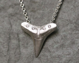 Large Shark Tooth Necklace in Sterling Silver with Diamonds