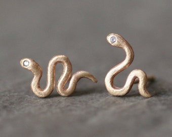 Mini Mismatched Snake Stud Earrings in 14K Gold with Gemstones