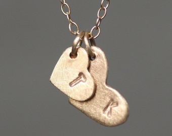 Double Heart Initial Necklace in 10k or 14k Gold