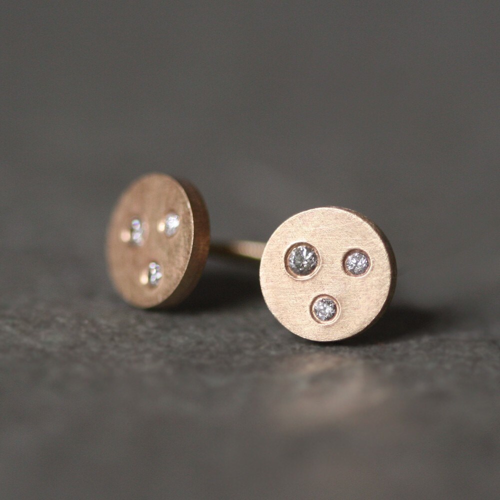 Three Diamond Button Stud Earrings in 14k Gold Etsy