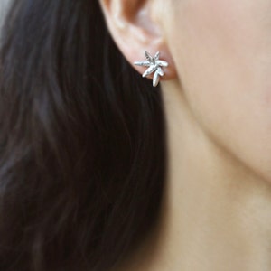 7 Petal Bud Earrings in Sterling Silver with Diamonds image 3