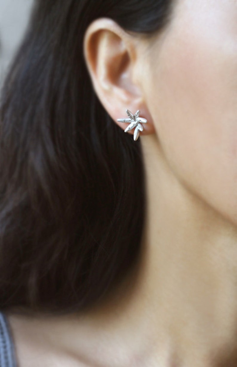 7 Petal Bud Earrings in Sterling Silver with Diamonds image 3