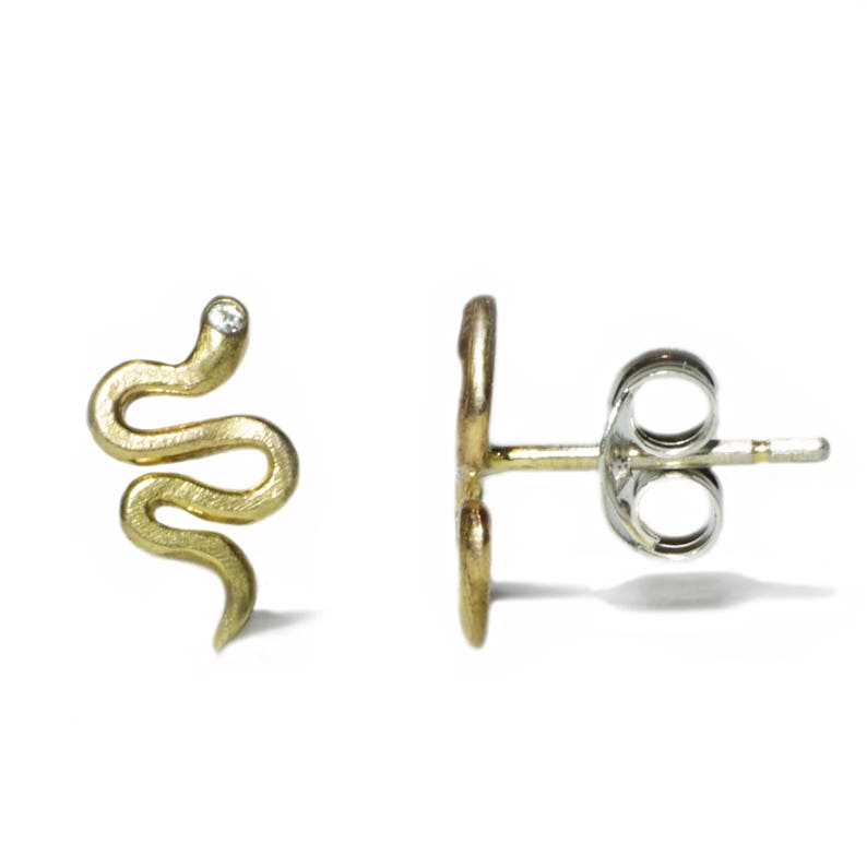 Mini Mismatched Snake Stud Earrings in 18K Gold Plate with CZ image 4