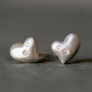 Puffy Heart Stud Earrings in Sterling Silver with Diamonds