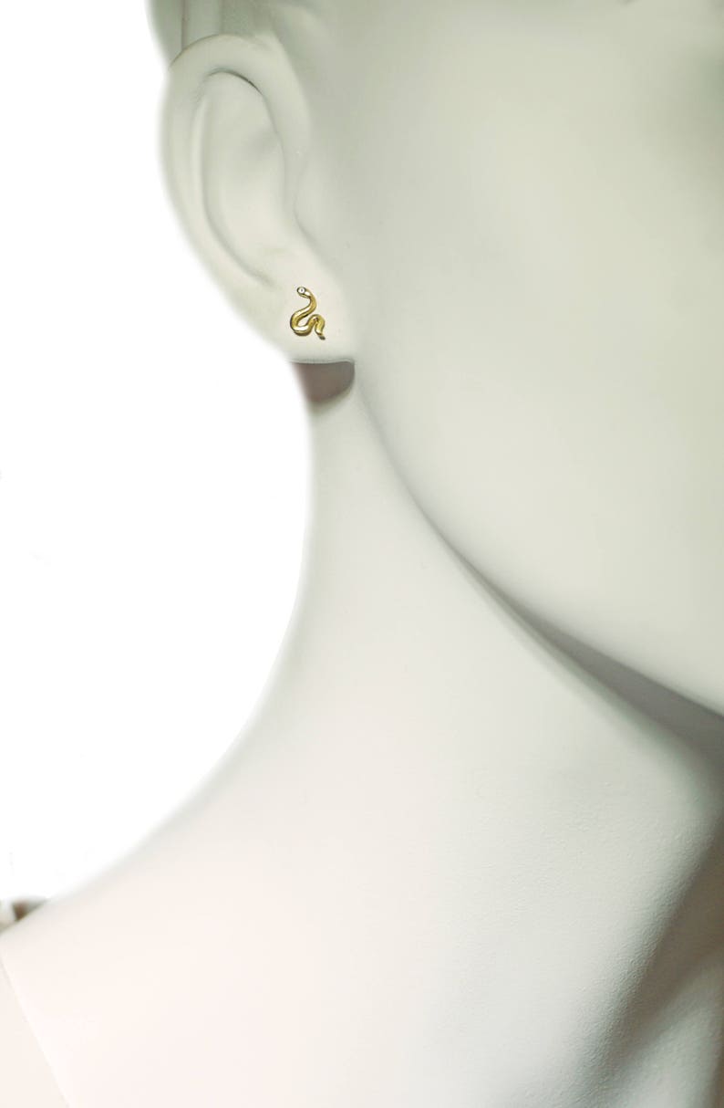 Mini Mismatched Snake Stud Earrings in 18K Gold Plate with CZ image 2