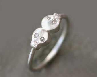 Double Baby Skull Ring in Sterling Silver with Diamonds