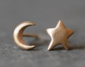 Moon and Star Stud Earrings in Sterling Silver, 10K Gold, or 14K Gold
