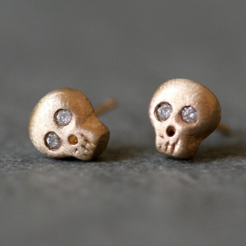 Baby Skull Earrings in 14K Gold With Diamonds - Etsy