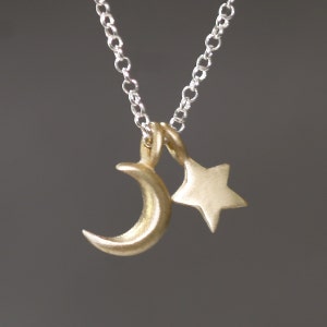 Small Moon and Star Necklace in Brass and Sterling Silver