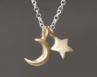 Kleine maan en ster ketting in messing en Sterling Silver