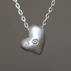 Puffy Heart Necklace in Sterling Silver with Diamonds