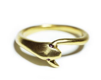 Snake Tail Ring in 18K Gold Plate with Red CZ Eyes