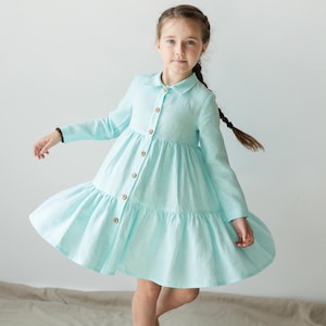 Mint Mädchen Leinenkleid mit langen Ärmeln, Kleinkind Leinen Boho Kleid, Leinen Sommerkleid, Mädchens Leinenkleid, Leinenkleid mit Knöpfen
