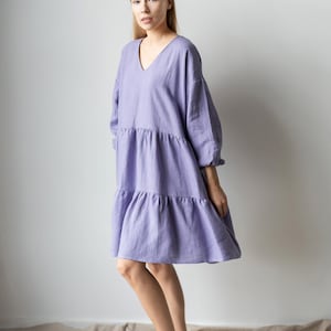 Women Linen Dress, Summer Dress, Wide Sleeves, Casual Linen Dress, Natural Dress, Linen oversized dress, Breathable Dress,V Neck Linen Dress
