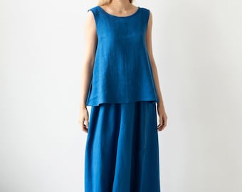 Gonna lunga in lino blu – spacco laterale, elastico in vita – gonna lunga – abbigliamento naturale minimalista, comoda gonna con elastico in vita – gonna a trapezio