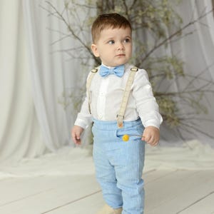 Boys Linen Christening Outfit, Natural Linen Pants, Shirt and Bow Tie, Toddler Baptism Suit, Linen suit for boys, Blue outfit boys suit