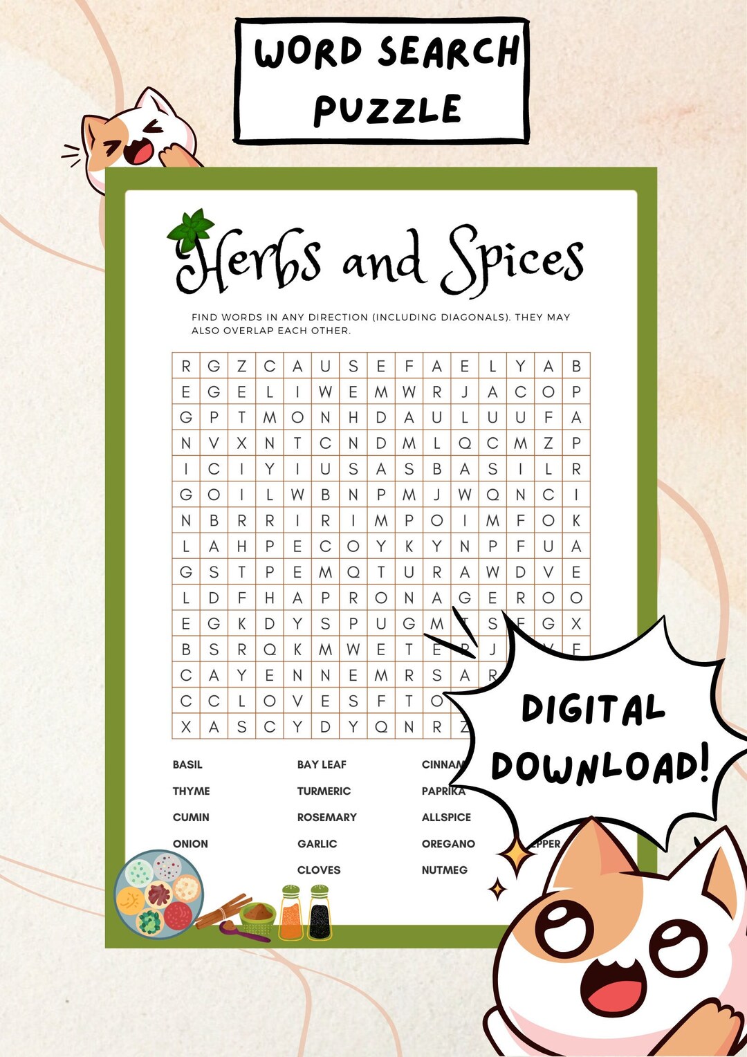 Herbs and Spices Word Search Puzzle for Adults Etsy