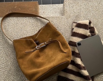 Suede Leather Shoulder Bag, Suede Leather Underarm Bag, Minimalist Tote Bag, Large Women's Underarm Bag, Commuter Bag