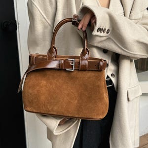 Suede Leather Shoulder Bag, Leather Top Handle Bag, Suede Leather Small Tote Bag