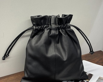 Leather Shoulder Bag, Women's Underarm Bag, Drawstring Cloud-shaped Bag, Leather Hobo Bag