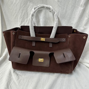 Suede Leather Tote Bag, Minimalist Suede Shoulder Bag, Large Women&#39;s Handbag, Commuter Bag