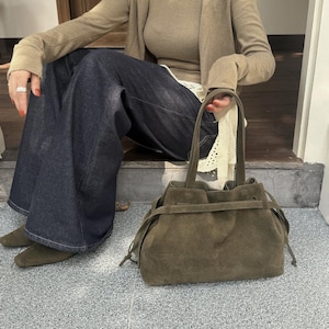 Leather Shoulder Bag, Suede Leather Tote Bag, Minimalist Suede Shoulder Bag, Large Women&#39;s Handbag, Commuter Bag