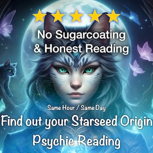Puede incluir: Ilustración digital de una criatura felina con ojos turquesa y cabello azul, sobre un fondo de luz de luna con mariposas. El texto dice: "No Sugarcoating & Honest Reading" y "Find out your Starseed Origin Psychic Reading".