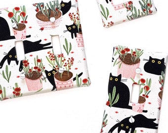 Black Cats, Flower Pots Fabric Light Switch Plate Cover - All Styles - Double, Triple, GFCI, Outlet, Slider, Rocker, Toggle