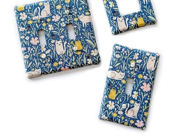 Blue, Floral, Cats, Lady Bugs, Watering Cans, Gardening - Fabric Light Switch Plate Cover - All Styles - Toggle, Rocker, Slider, Outlet