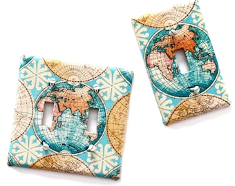 Earth Globe Map Library Study Reading room Fabric Covered Light Switch Plate Cover  - All Style - Single, Double, Triple