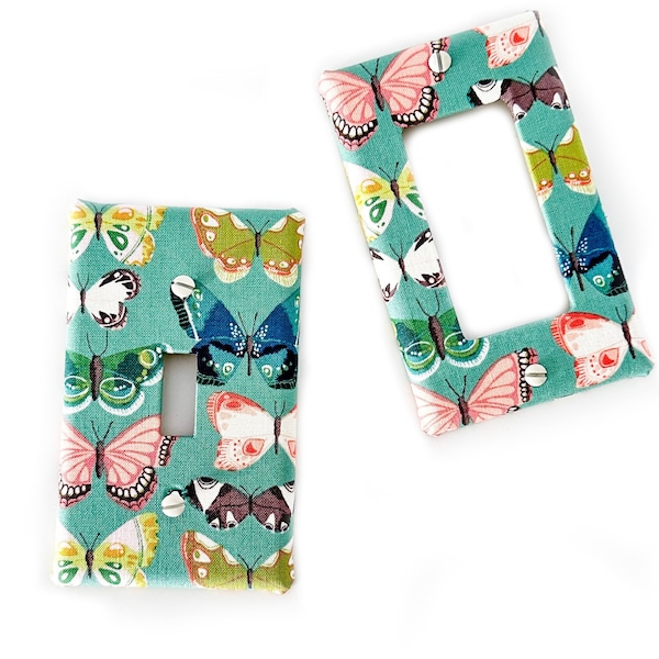 Blue Green Multicolor Butterflies - Fabric Light Switch Plate Cover - All Styles - Double, Triple, GFCI, Outlet, Slider, Rocker, Toggle