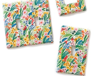 Rainbow Floral Flowers Fabric Light Switch Plate Cover - All Styles - Double, Triple, GFCI, Outlet, Slider, Rocker, Toggle, Rifle Paper