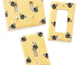 Yellow Honeycomb with Bees - Fabric Light Switch Plate Cover - All Styles - Toggle, Rocker, Slider, Outlet