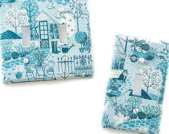 Blue Garden Cat Bunny Fabric Light Switch Plate Cover - All Styles - Double, Triple, GFCI, Outlet, Slider, Rocker, Toggle