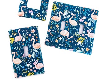 Teal Aqua Blue w/ Flamingos Fabric Light Switch Plate Cover - All Styles - Double, Triple, GFCI, Outlet, Slider, Rocker, Toggle