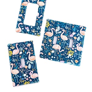 Teal Aqua Blue w/ Flamingos Fabric Light Switch Plate Cover - All Styles - Double, Triple, GFCI, Outlet, Slider, Rocker, Toggle