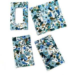 Blue Floral Flowers Fabric Light Switch Plate Cover - All Styles - Double, Triple, GFCI, Outlet, Slider, Rocker, Toggle, Rifle Paper