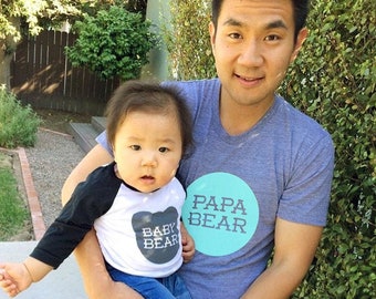 Papa Bear TriBlend Heather Grey TShirt with Aqua Blue Print - Family Photos, Gift for Dad, Father's Day, New Dad, Expecting, Announcement