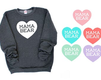 Mama Bear with Heart Dark Heather Grey Sweatshirt - Gift for Mom, Expecting, New Baby, Christmas, Birthday Gift, Cozy Fleece Sweater